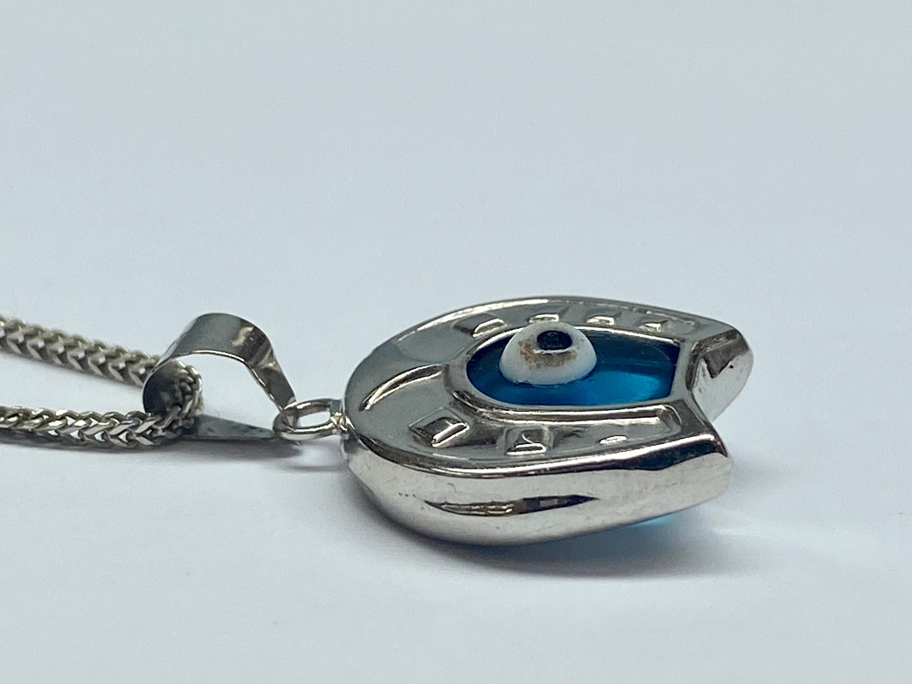 14K White Gold Horseshoe Evil Eye Pendant Charm (20mm X 12mm)