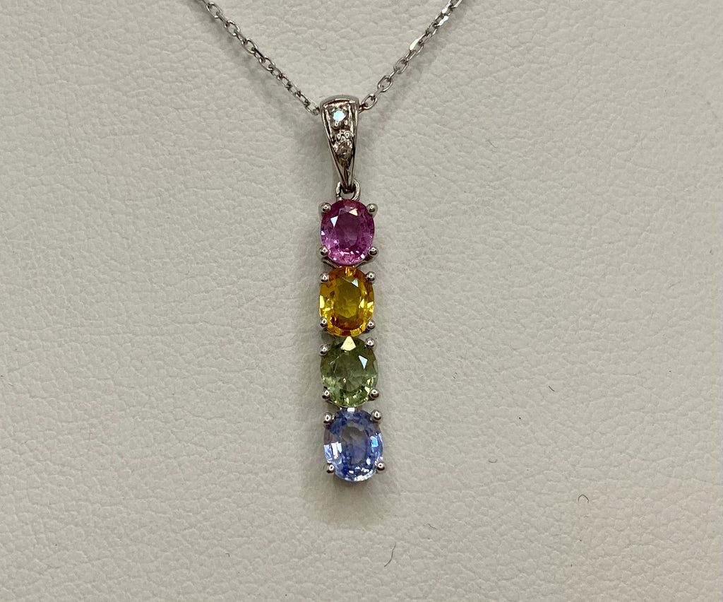 14K White Gold Necklace: Diamond & Multi-Color Gemstone Bar Pendant