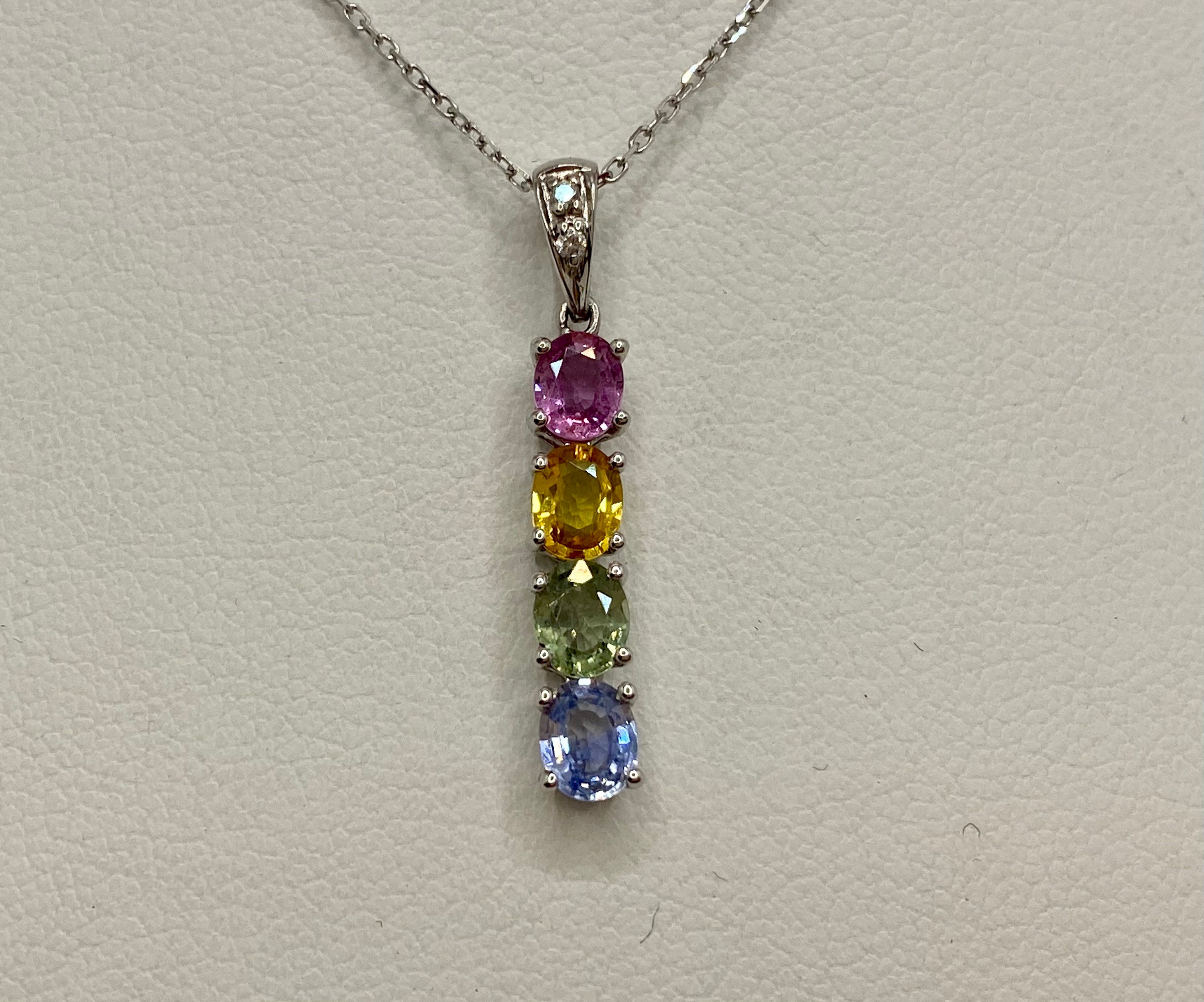 14K White Gold Necklace: Diamond & Multi-Color Gemstone Bar Pendant
