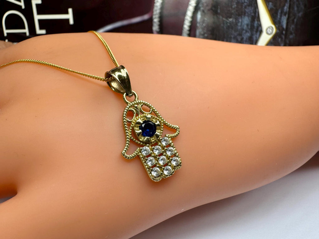 14K Yellow Gold Hamsa Hand Pendant with Blue & White CZ