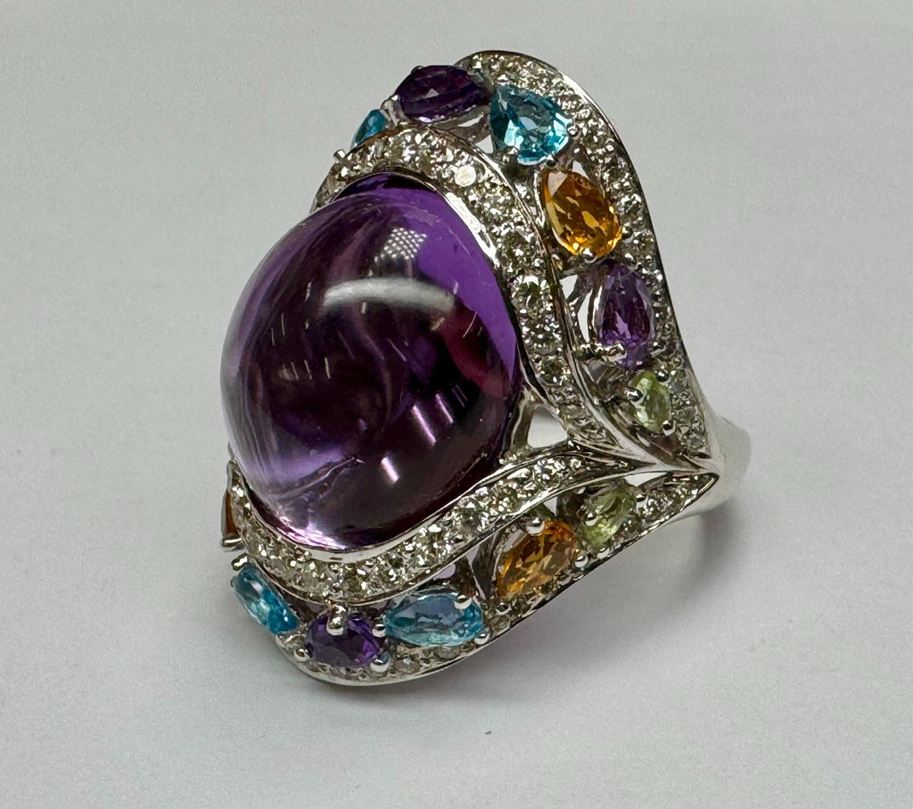 18K White Gold Multi-Gem Amethyst Diamond Cocktail Ring