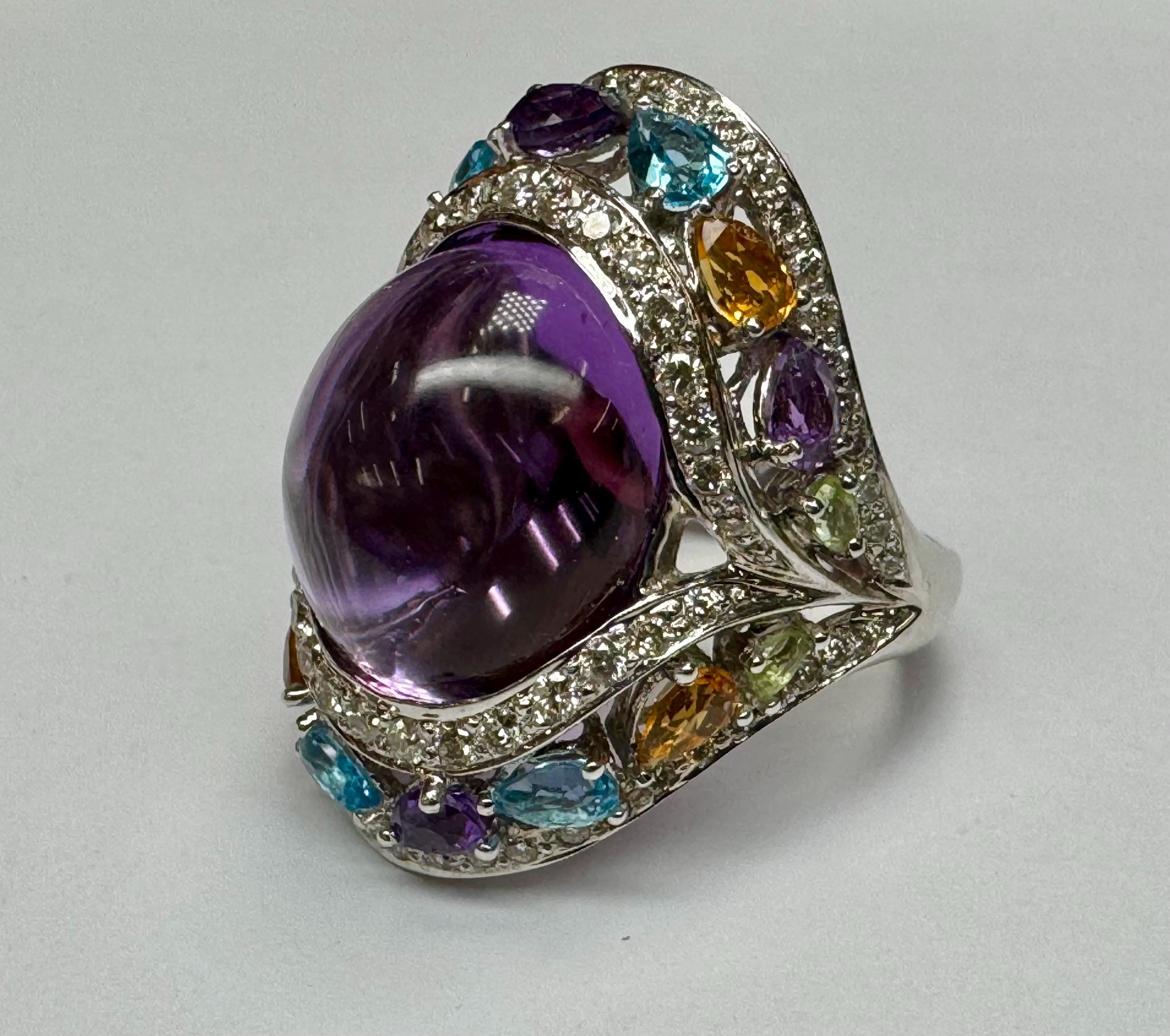 18K White Gold Multi-Gem Amethyst Diamond Cocktail Ring