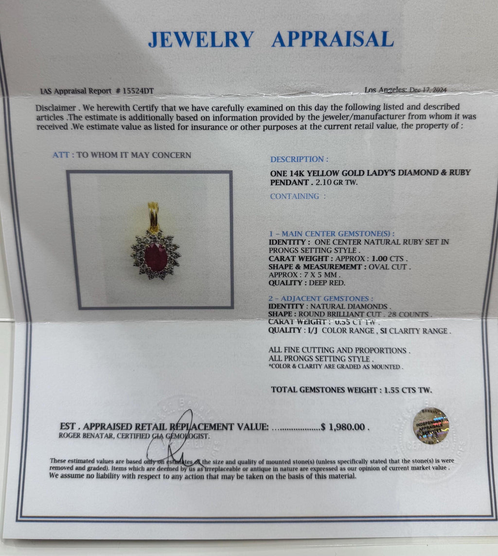 14K Yellow Gold Ruby and Diamond Halo Pendant