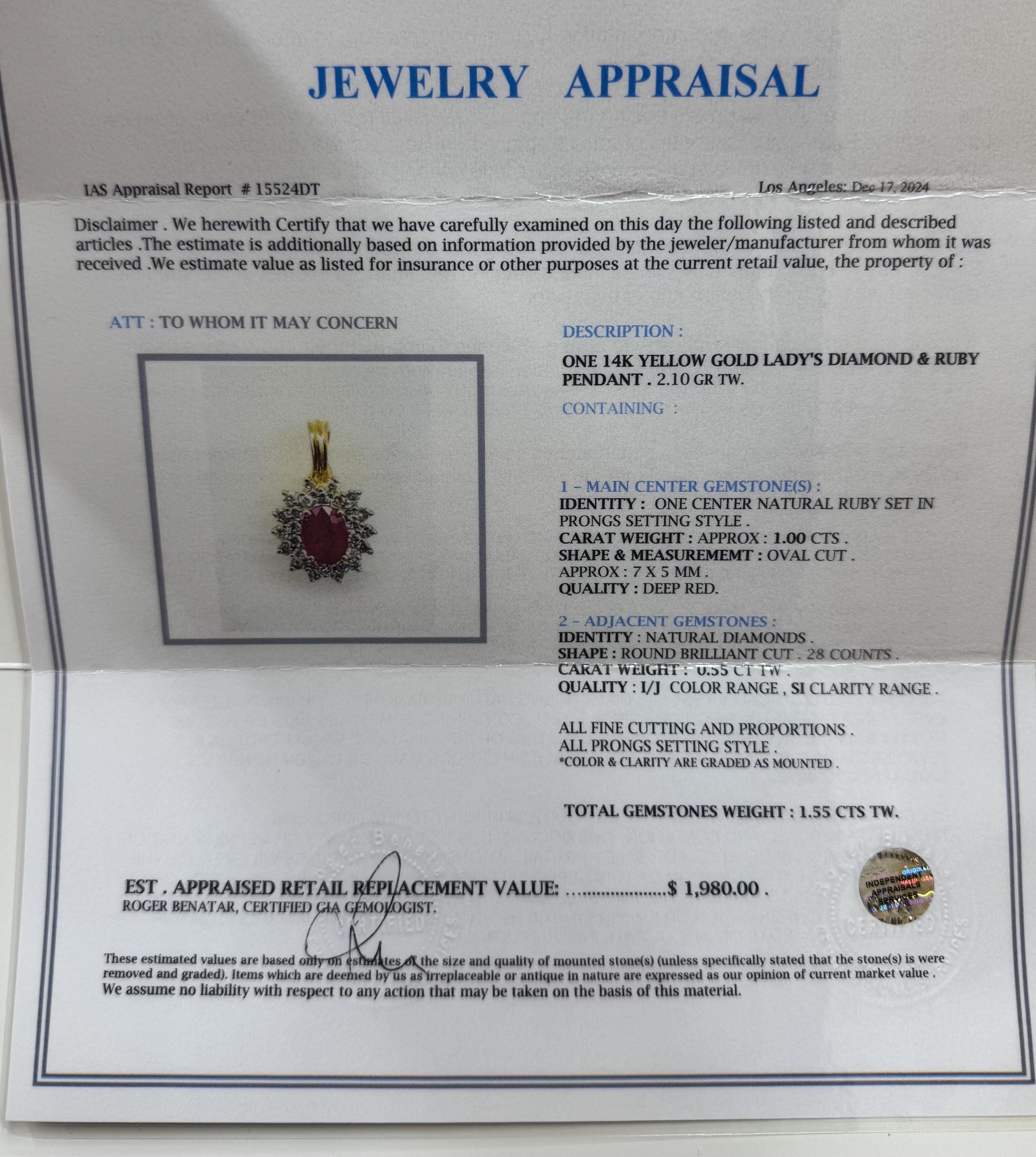 14K Yellow Gold Ruby and Diamond Halo Pendant