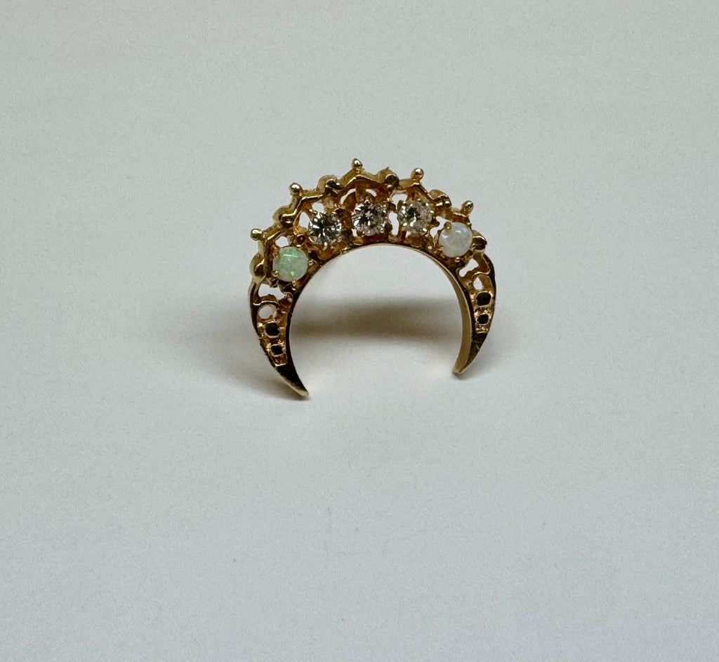 14K Gold Diamond Opal Crescent Moon Brooch – Victorian Celestial Pin