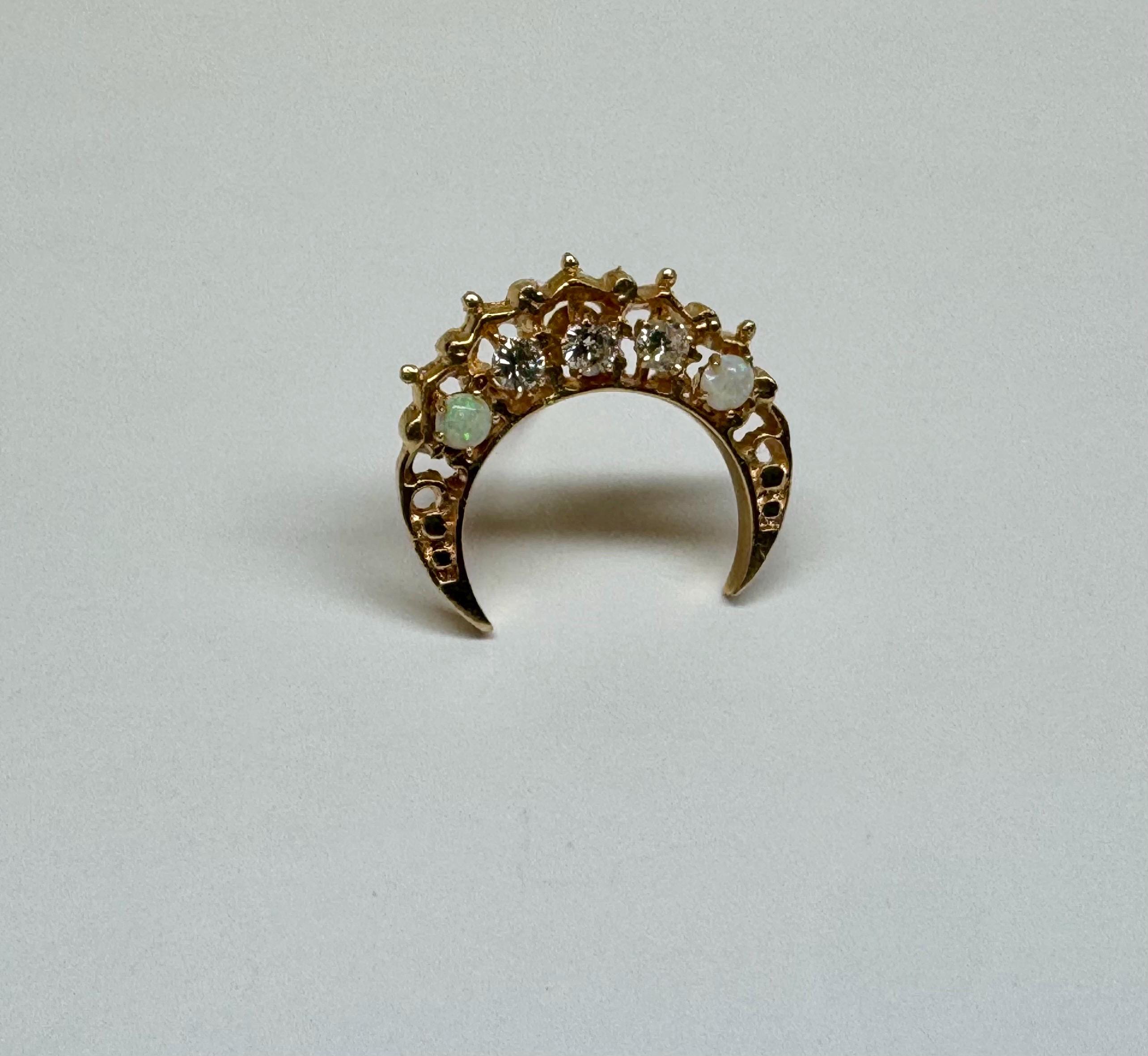 14K Gold Diamond Opal Crescent Moon Brooch – Victorian Celestial Pin