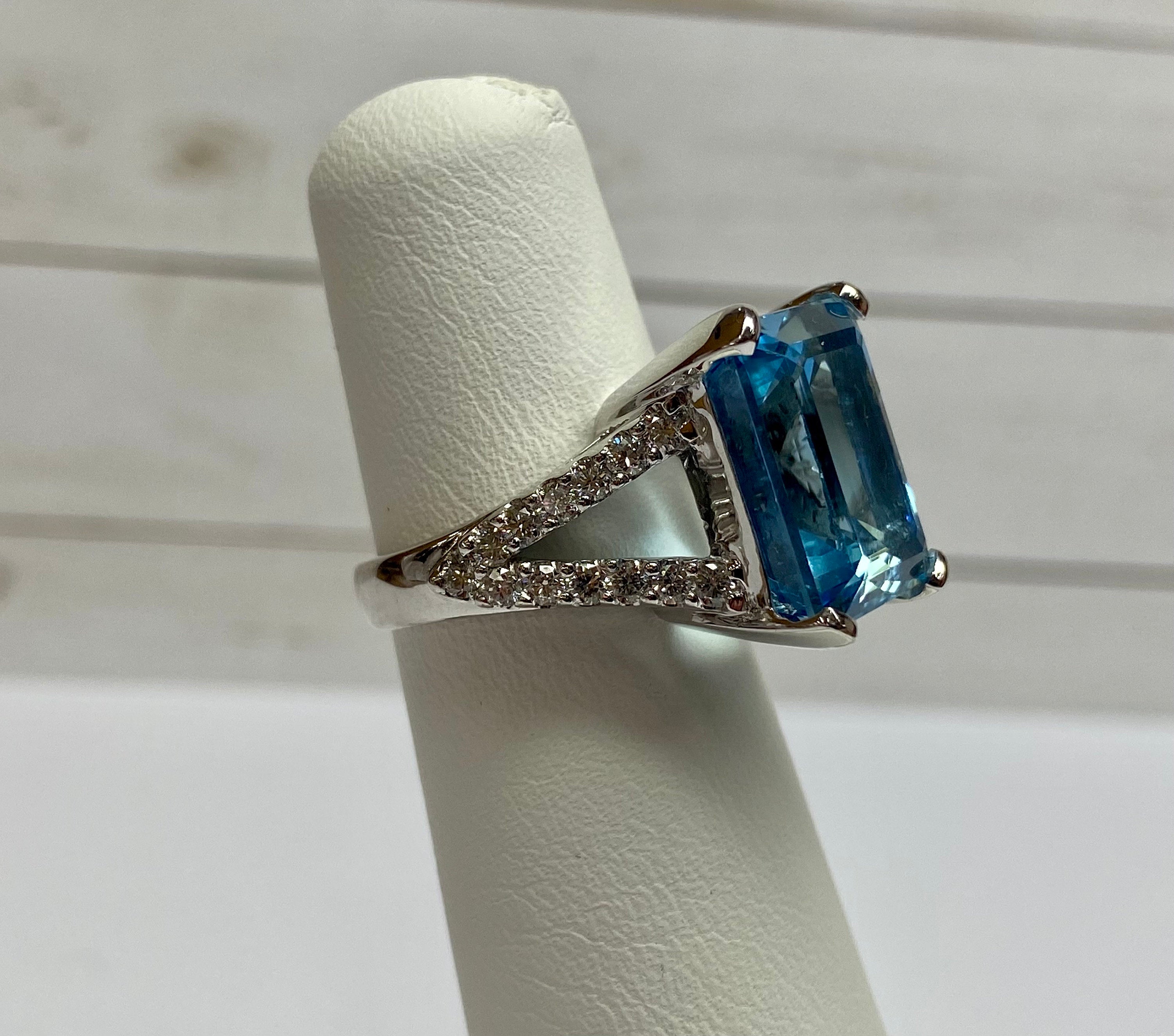 18K White Gold Aquamarine Ring: Emerald Cut Diamond Statement Ring, Size 5 1/2