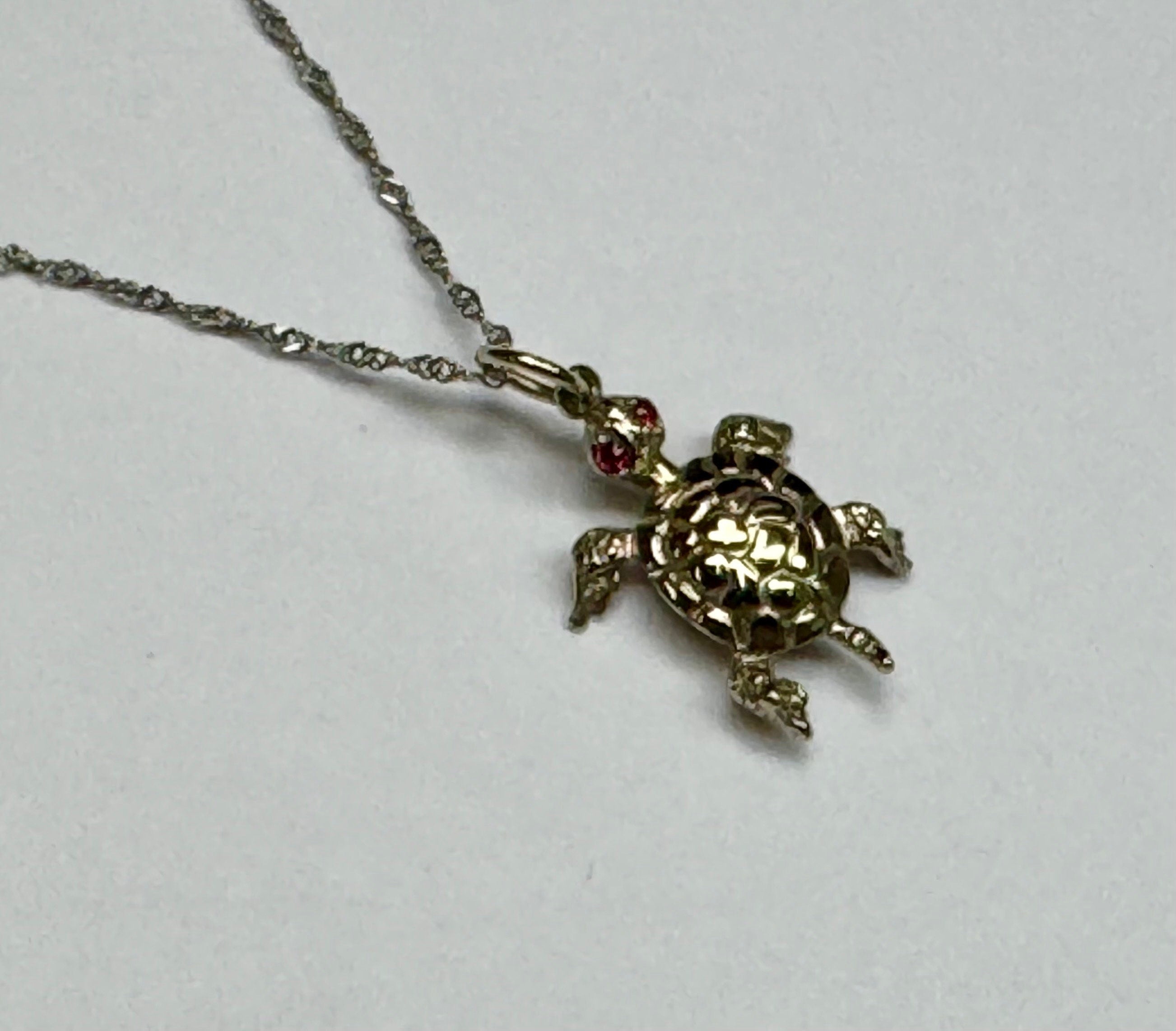 14k White Gold Sea Turtle Pendant with Ruby Eyes
