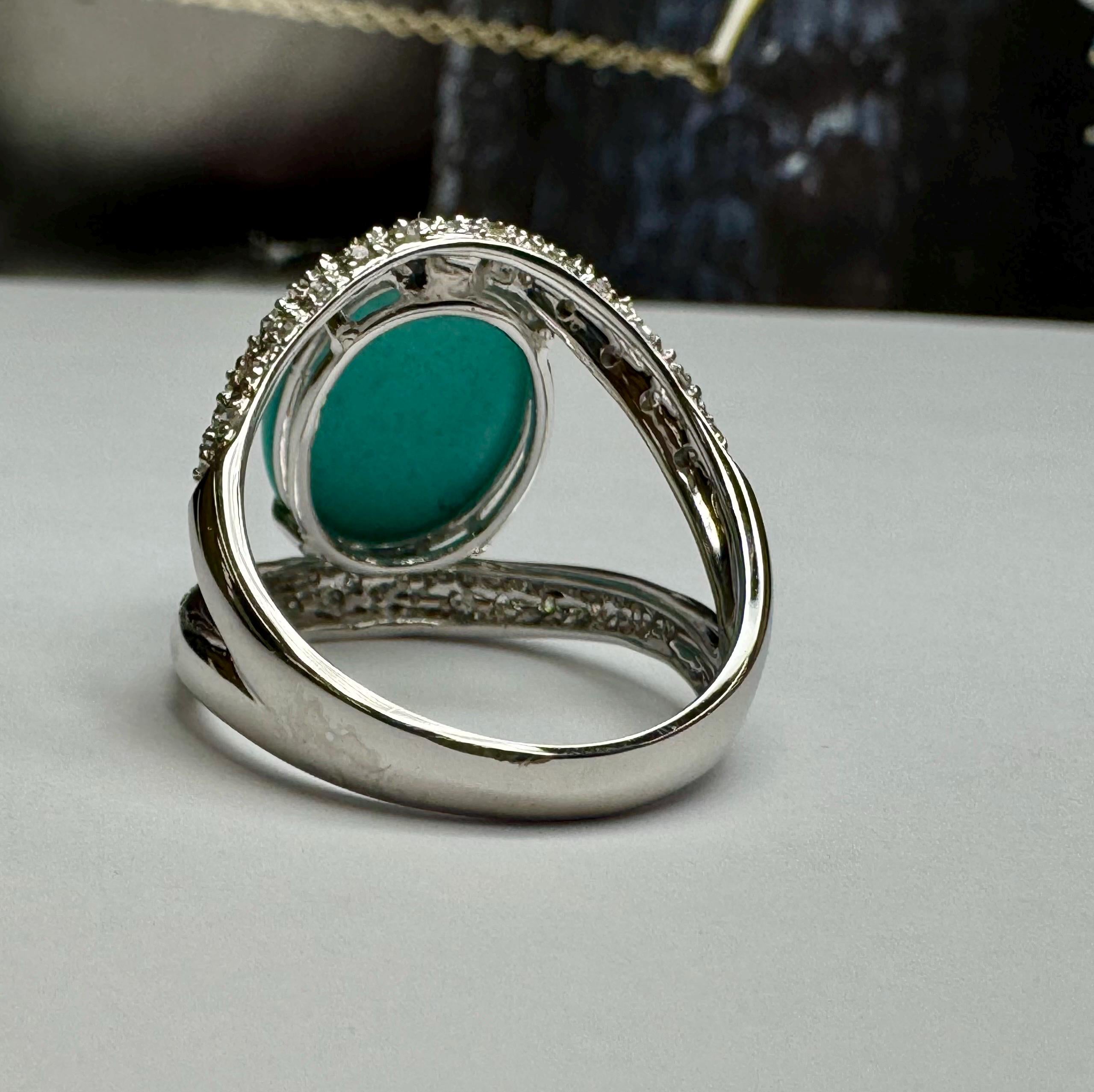 18K White Gold Diamond Ring: Oval Blue Turquoise Cabochon, Size 8 3/4