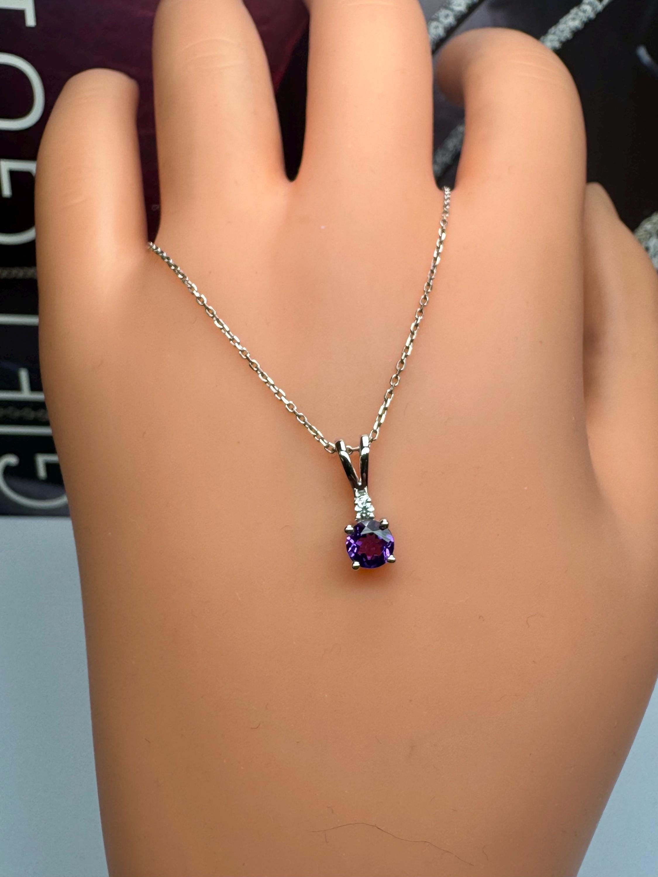 14K White Gold Amethyst Diamond Pendant Necklace