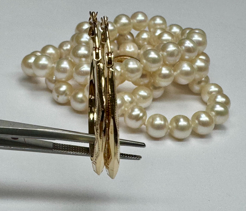14K Yellow Gold Diamond Etched Hoop Earrings, 1" Hinged Set