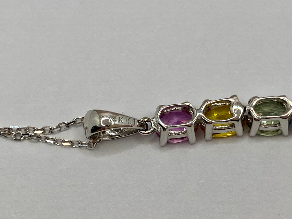 14K White Gold Necklace: Diamond & Multi-Color Gemstone Bar Pendant