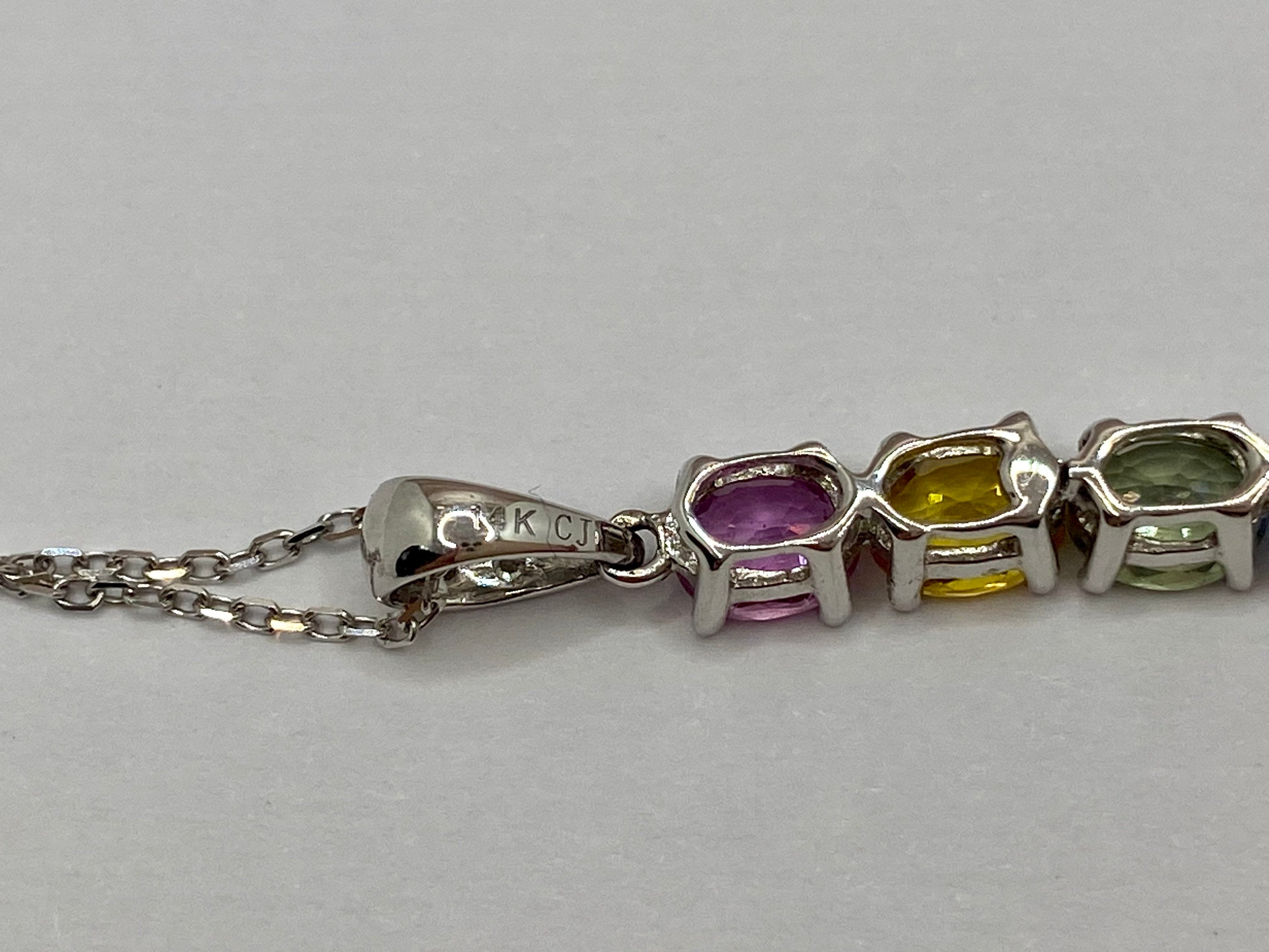 14K White Gold Necklace: Diamond & Multi-Color Gemstone Bar Pendant