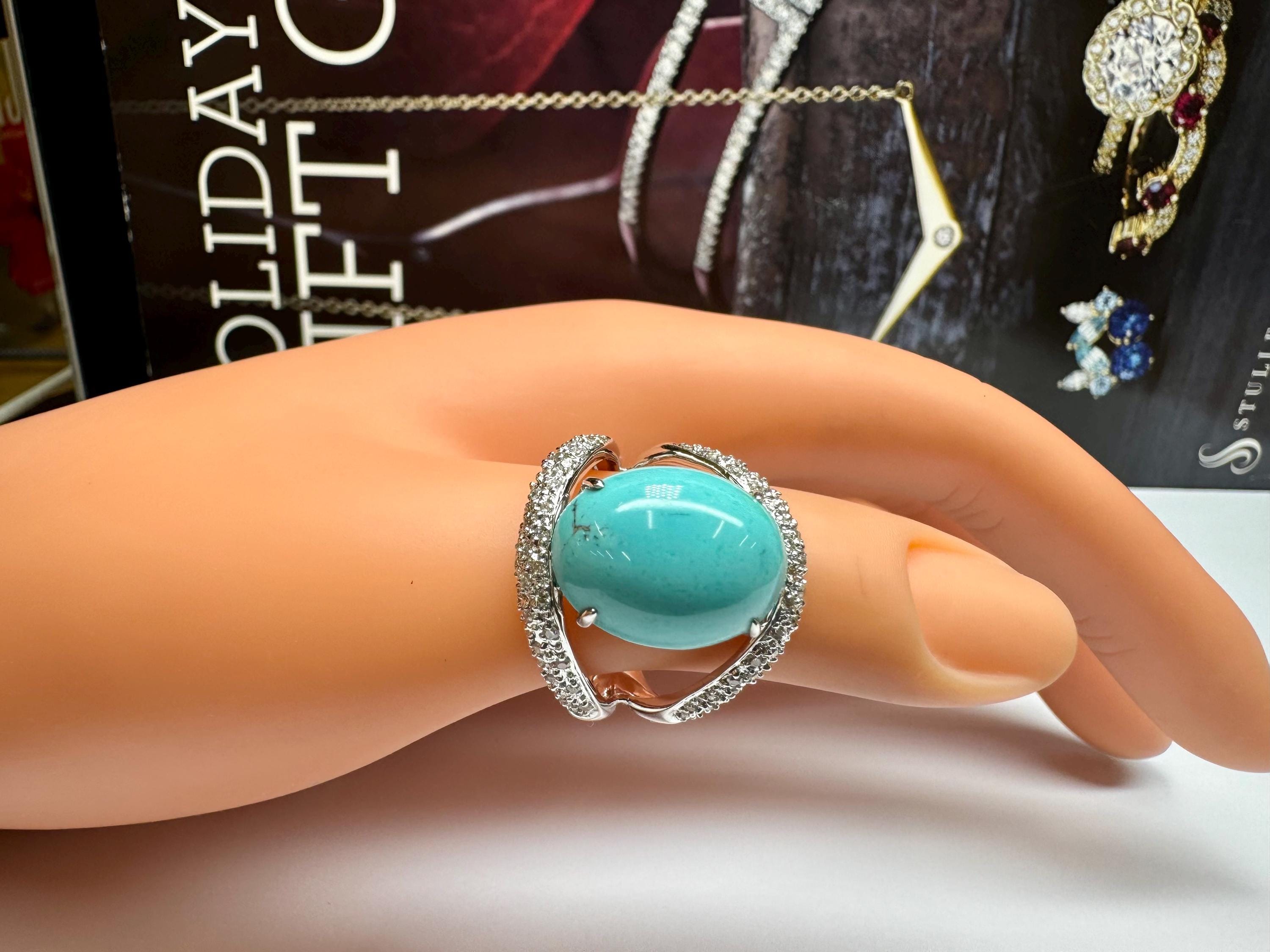 18K White Gold Diamond Ring: Oval Blue Turquoise Cabochon, Size 8 3/4
