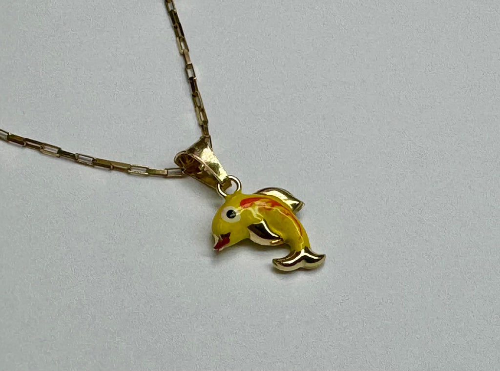 14K Yellow Gold Enamel Dolphin Charm Pendant - Italy