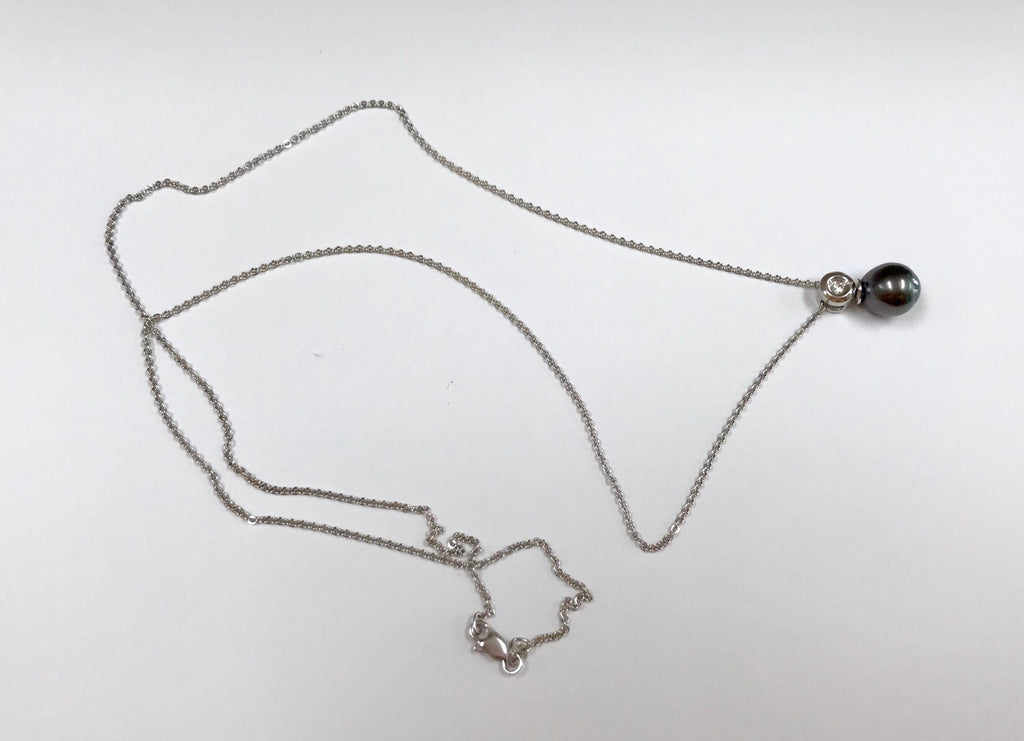 14K Solid White Gold Chain With Black Tahitian Pearl And Diamond Necklace!!!