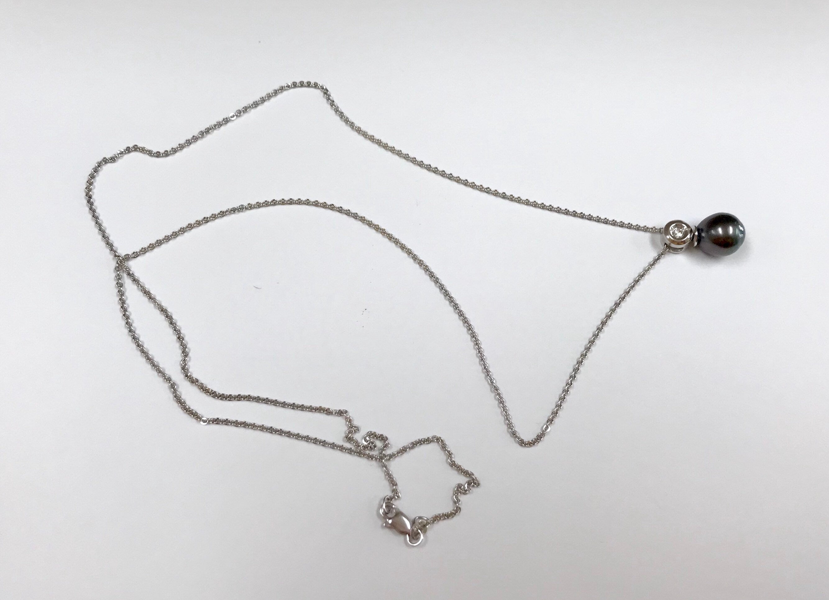 14K Solid White Gold Chain With Black Tahitian Pearl And Diamond Necklace!!!