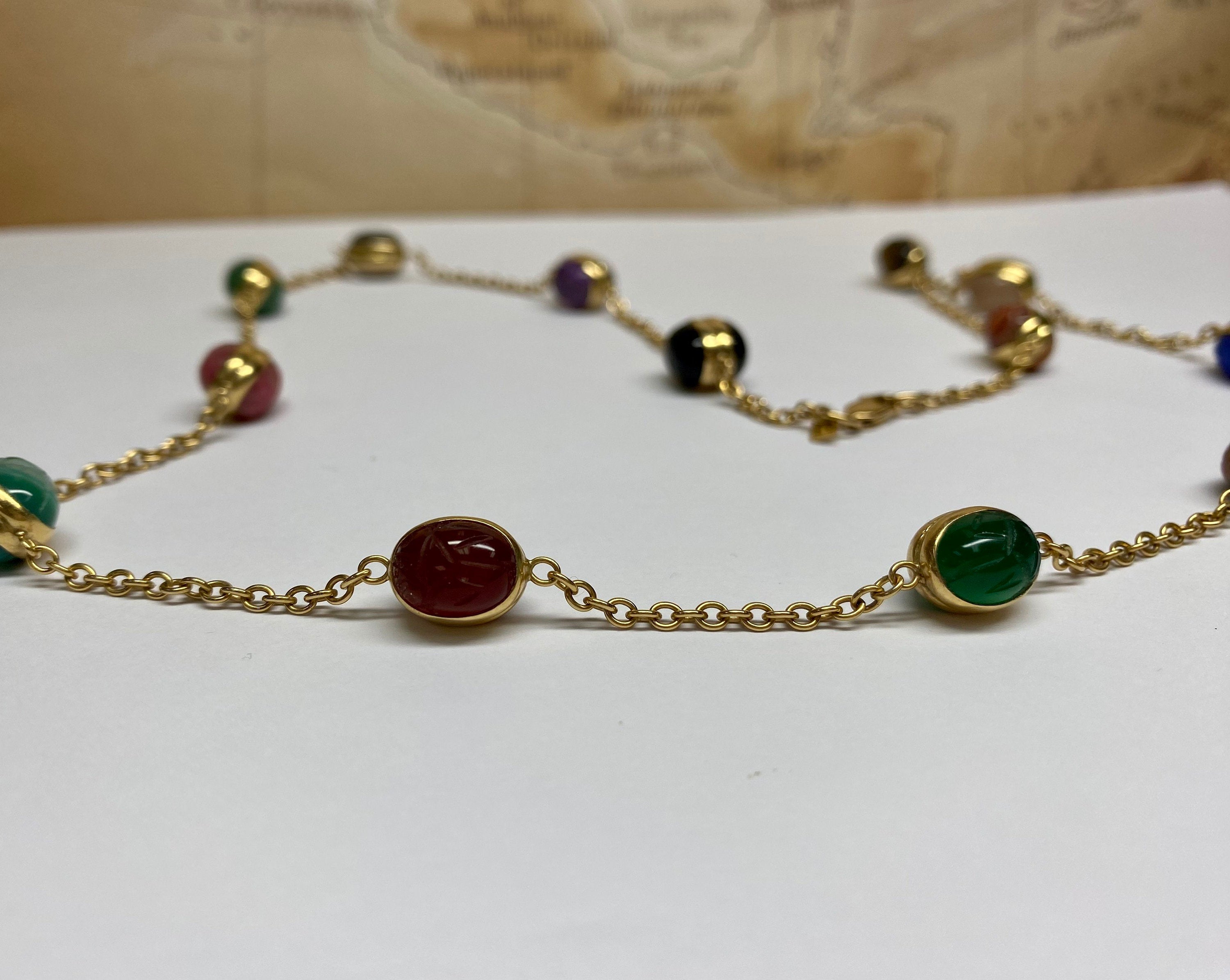 14K Yellow Gold Chain And Multi Color Stone Station  24" Necklace