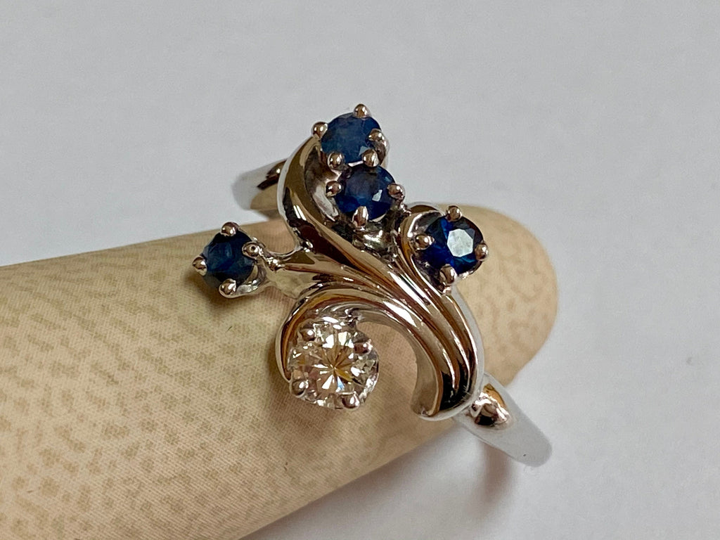 14k Solid White Gold Diamond And Blue Sapphire Statement Ring!!!!!