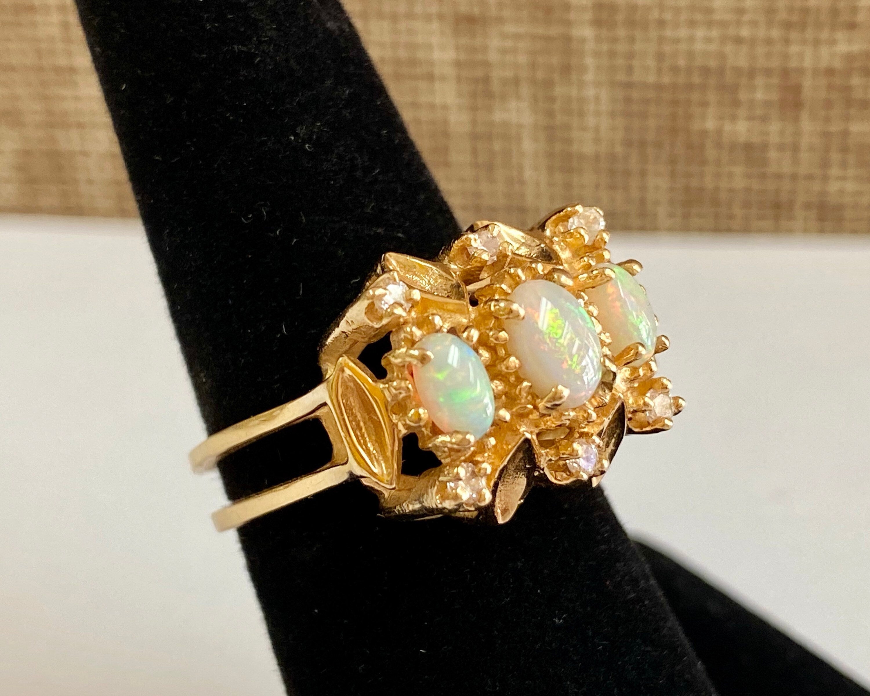 14K Yellow Gold Opal Diamond Ring - Size 6 3/4