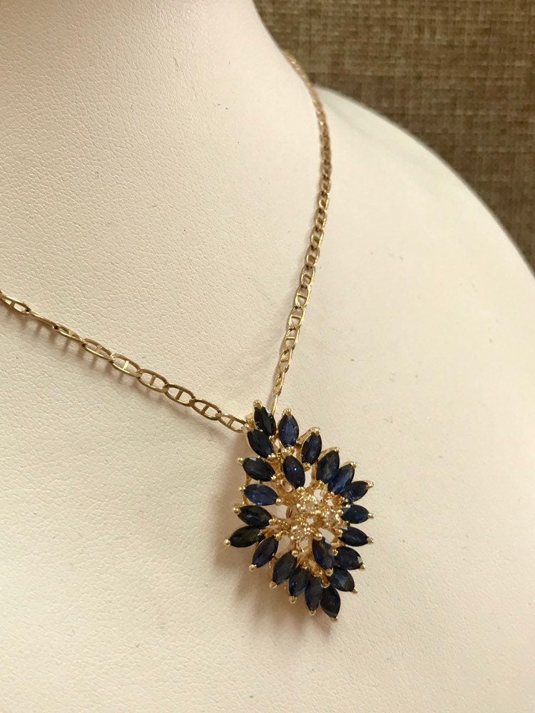 14K Yellow Gold And Blue Sapphire With Diamonds Necklace And Earring Set!!!