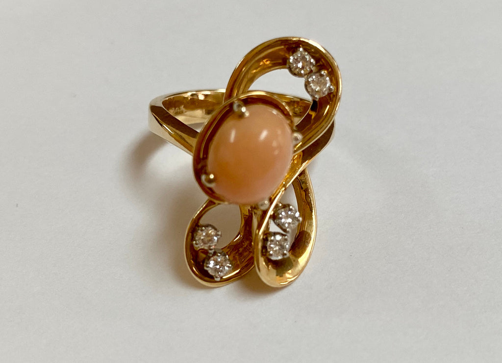 14K Yellow Gold Coral Diamond Necklace Ring Set - Italy 585
