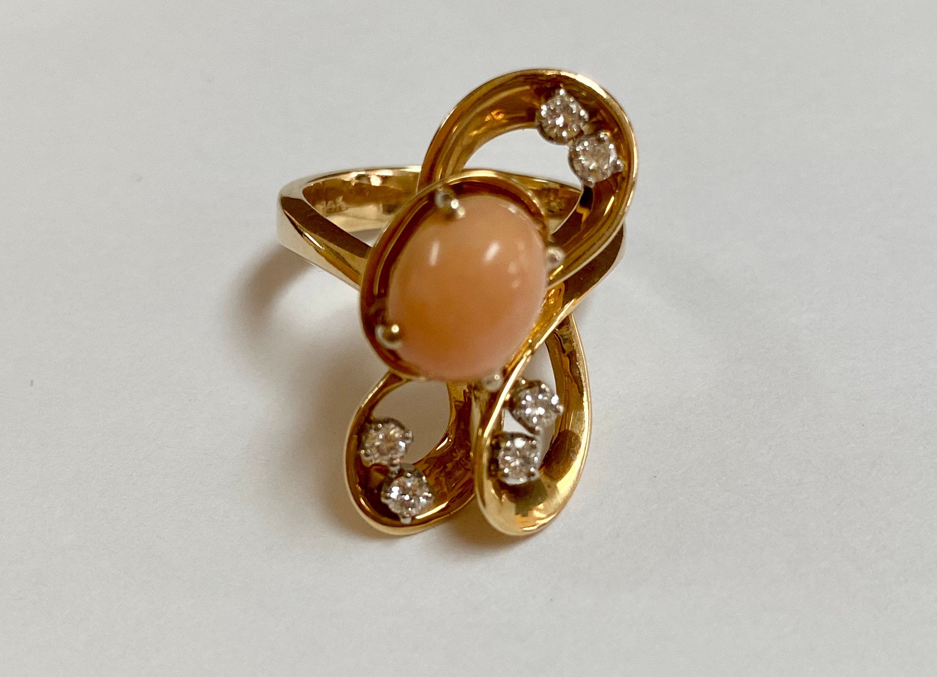 14K Yellow Gold Coral Diamond Necklace Ring Set - Italy 585
