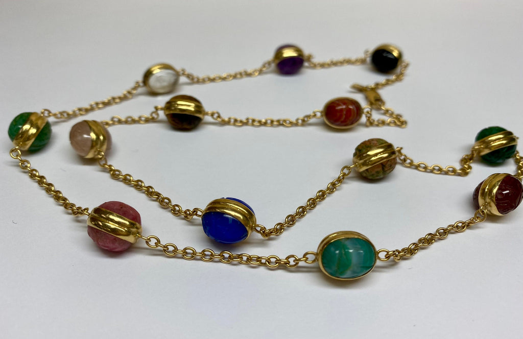 14K Yellow Gold Chain And Multi Color Stone Station  24" Necklace