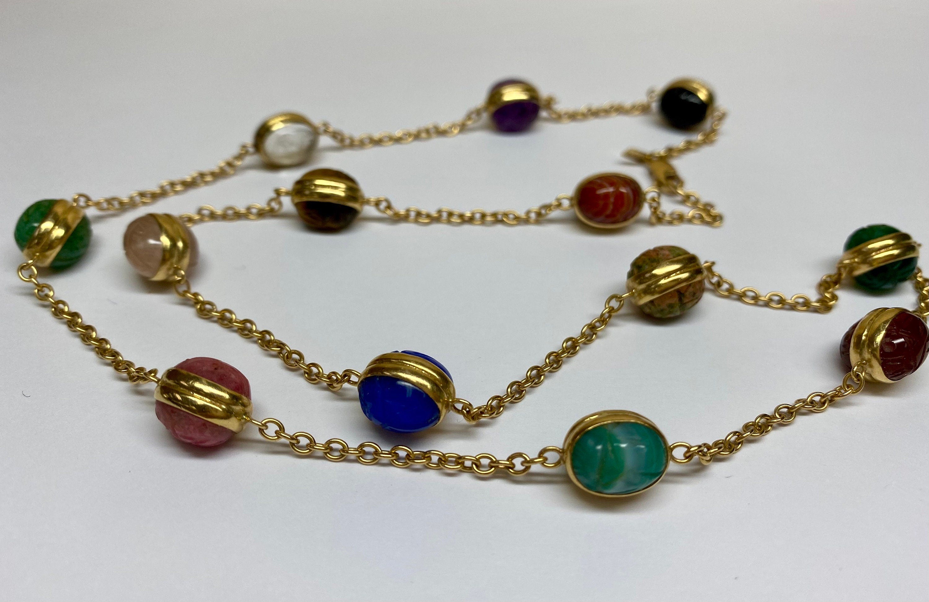 14K Yellow Gold Chain And Multi Color Stone Station  24" Necklace