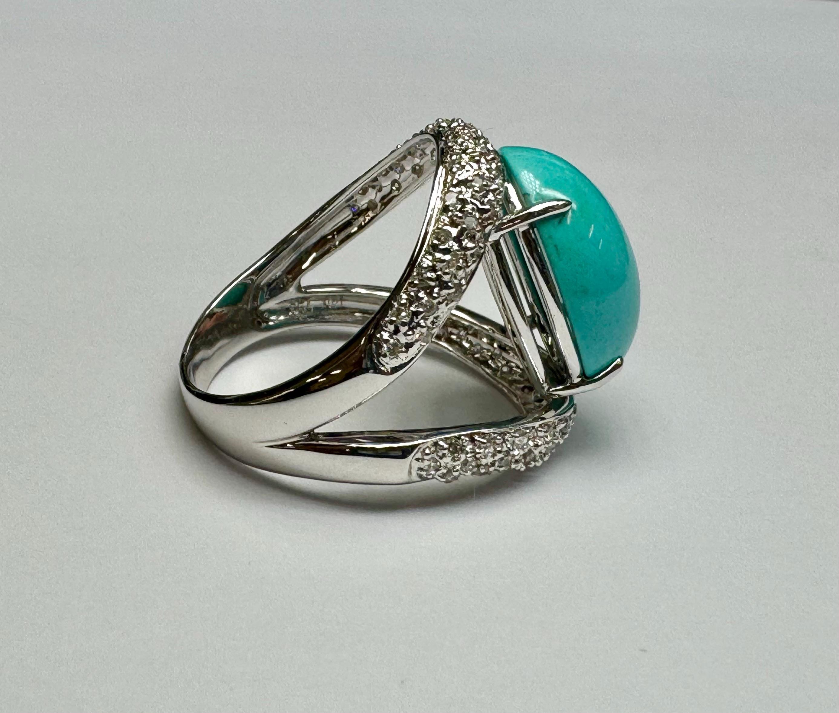 18K White Gold Diamond Ring: Oval Blue Turquoise Cabochon, Size 8 3/4