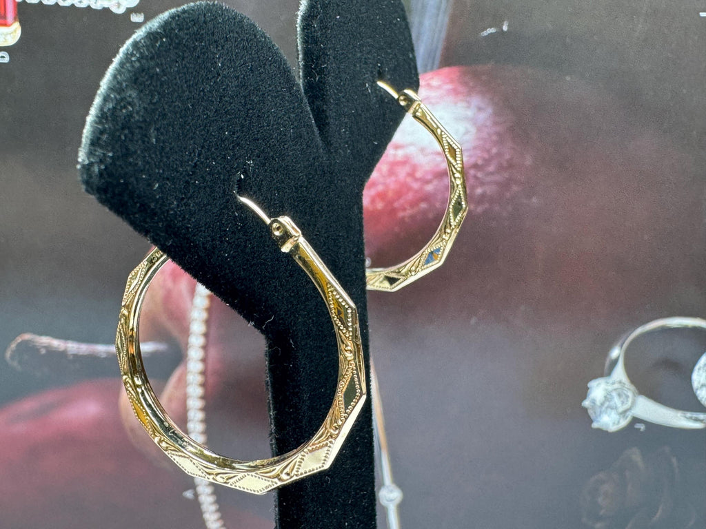 14K Yellow Gold Diamond Etched Hoop Earrings, 1" Hinged Set