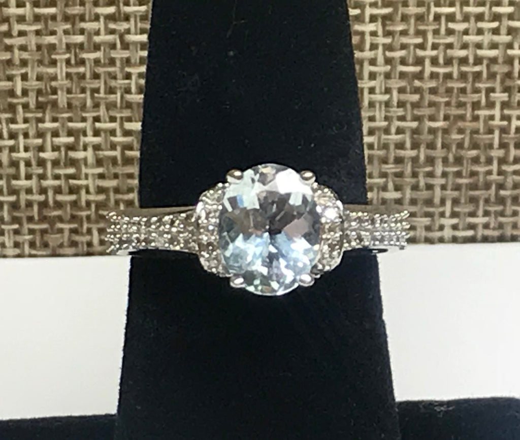 14K White Gold Aquamarine Ring with Diamond Accents, Size 7