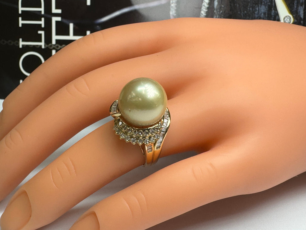 14K Yellow Gold Pearl Diamond Ring: Women's Cocktail Statement Ring