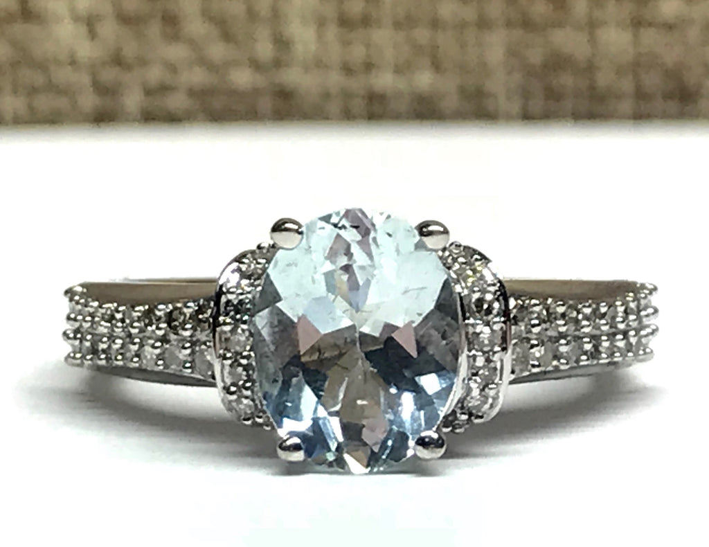 14K White Gold Aquamarine Ring with Diamond Accents, Size 7