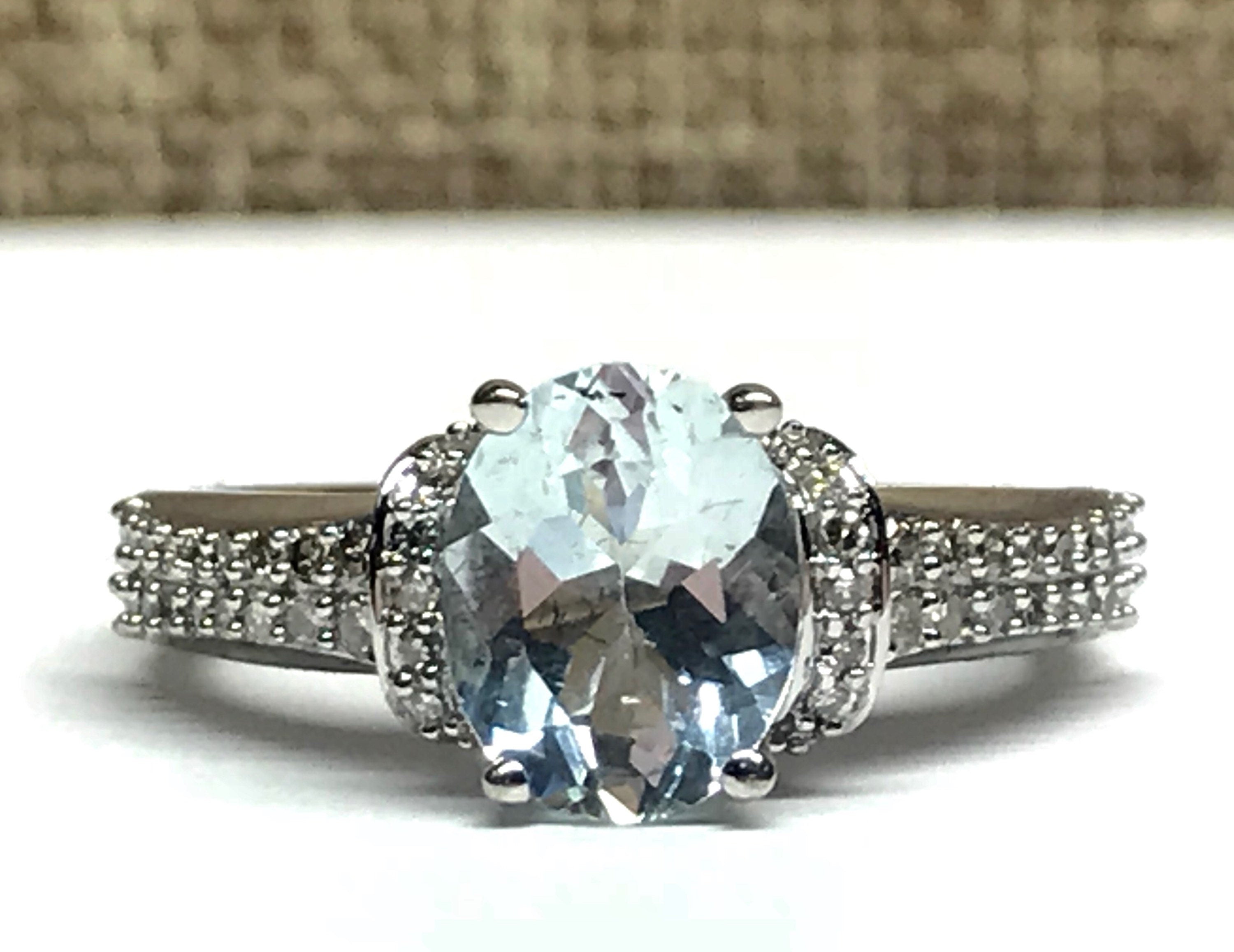 14K White Gold Aquamarine Ring with Diamond Accents, Size 7