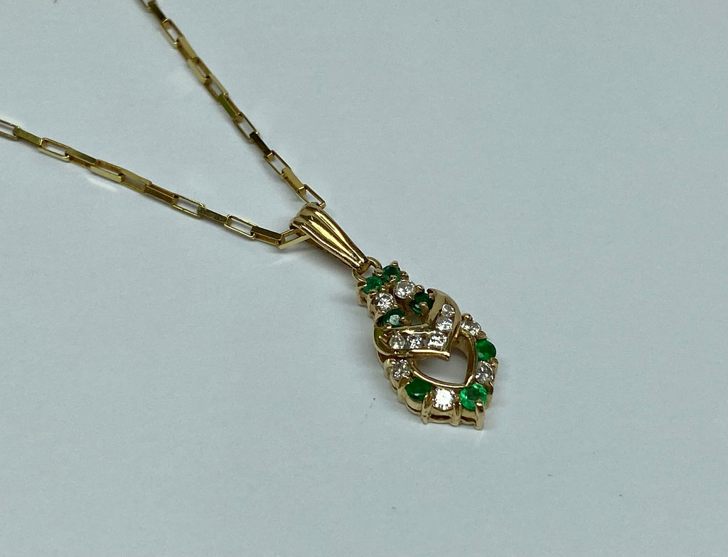 14k Yellow Gold Diamond & Emerald Double Heart Pendant