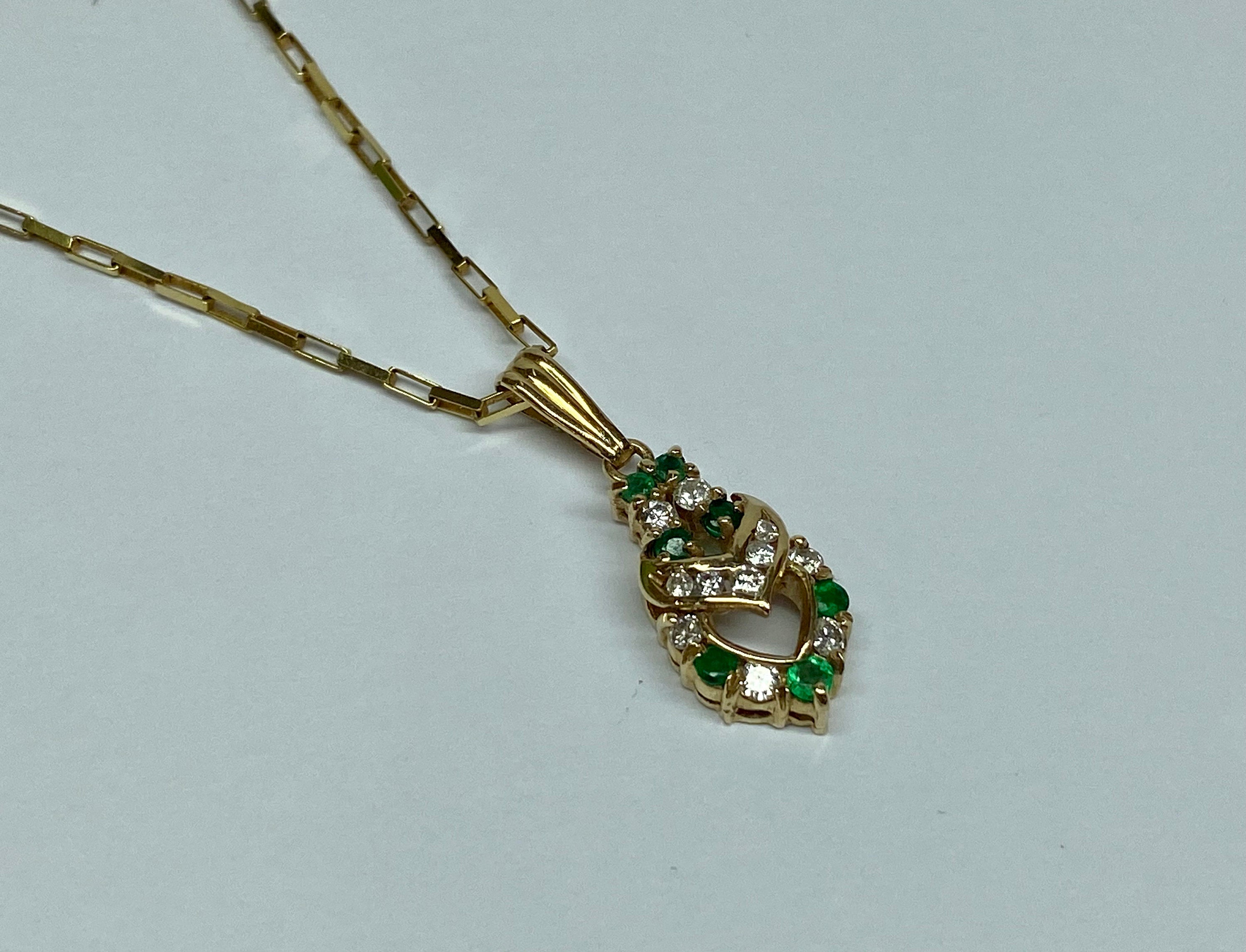 14k Yellow Gold Diamond & Emerald Double Heart Pendant