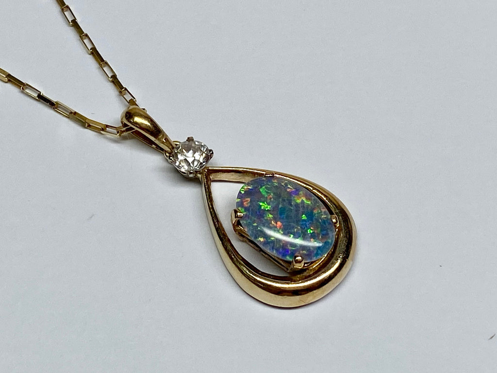 14K Yellow Gold Black Fire Opal & Diamond Teardrop Pendant