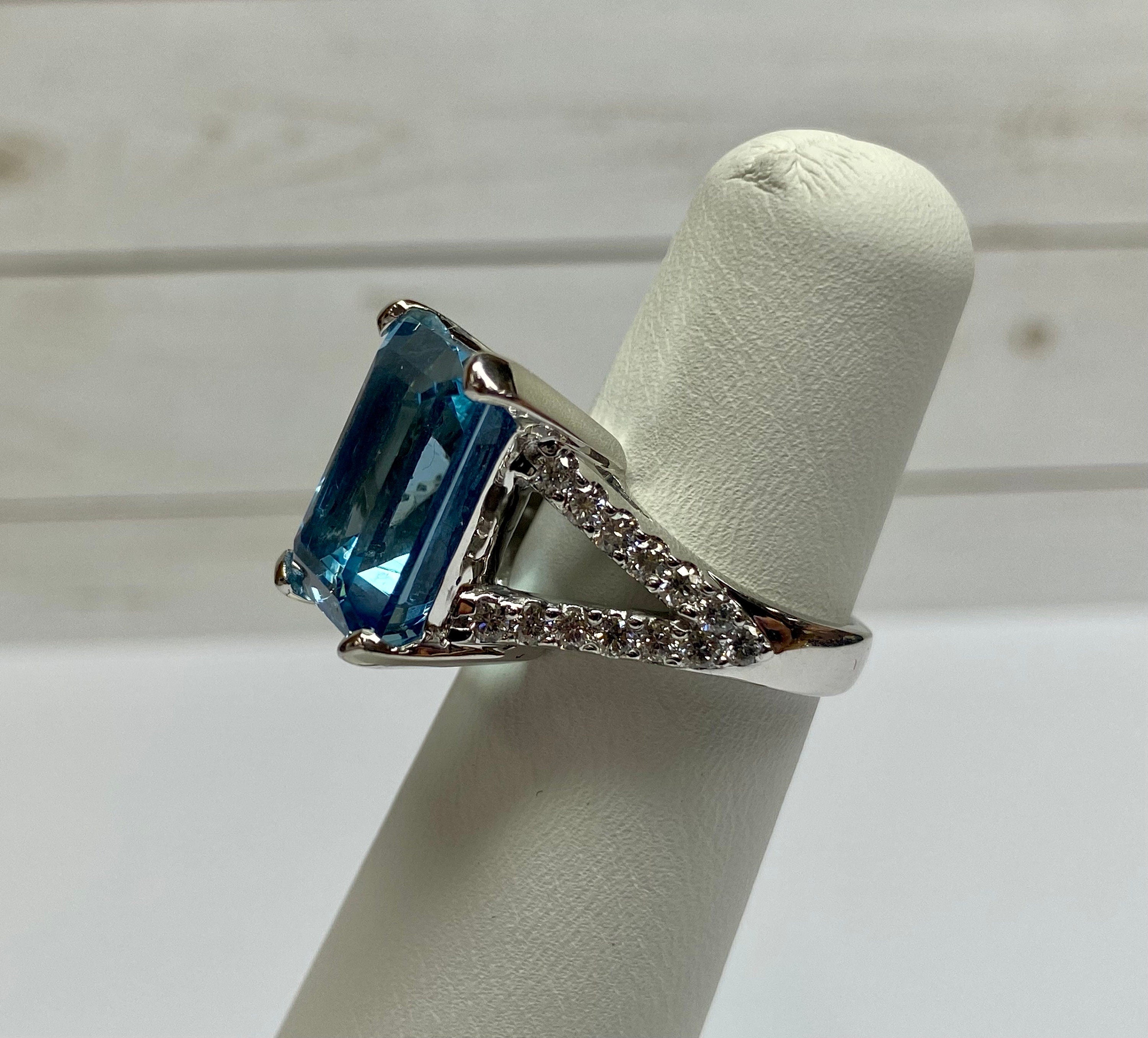 18K White Gold Aquamarine Ring: Emerald Cut Diamond Statement Ring, Size 5 1/2