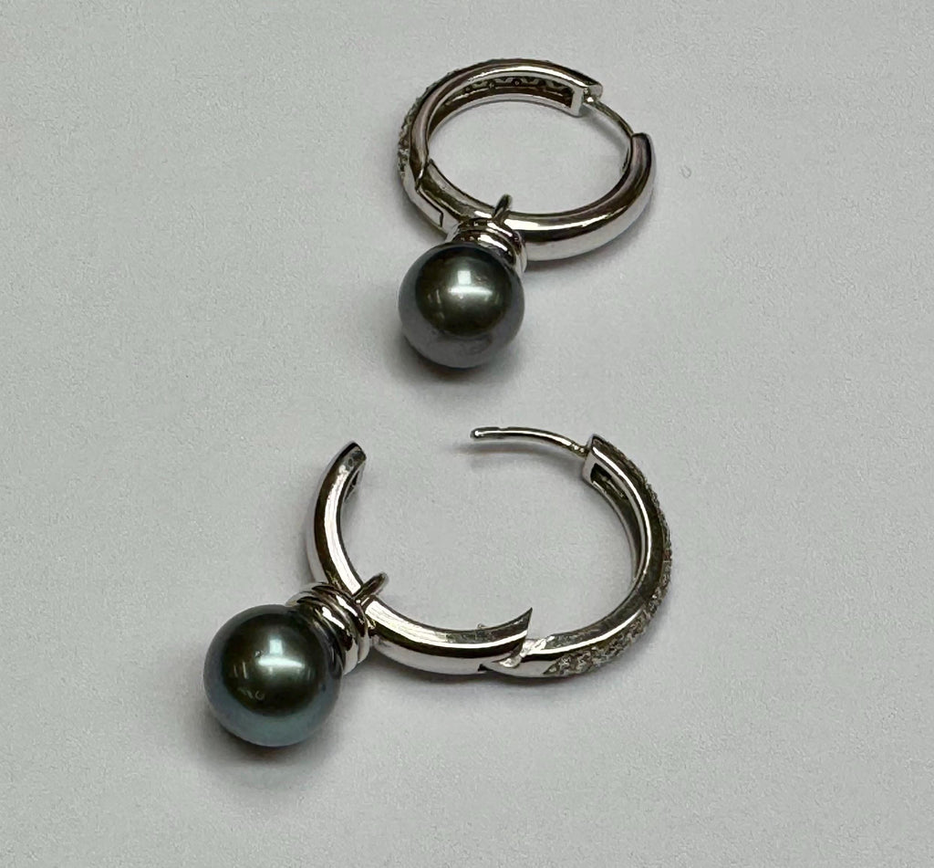 14K White Gold Diamond Hoop Earrings with Black Pearl Dangles