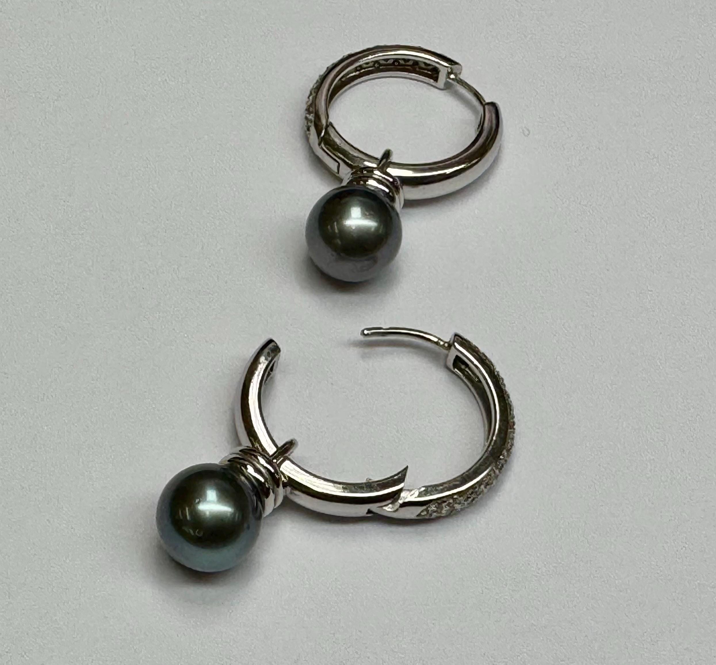 14K White Gold Diamond Hoop Earrings with Black Pearl Dangles