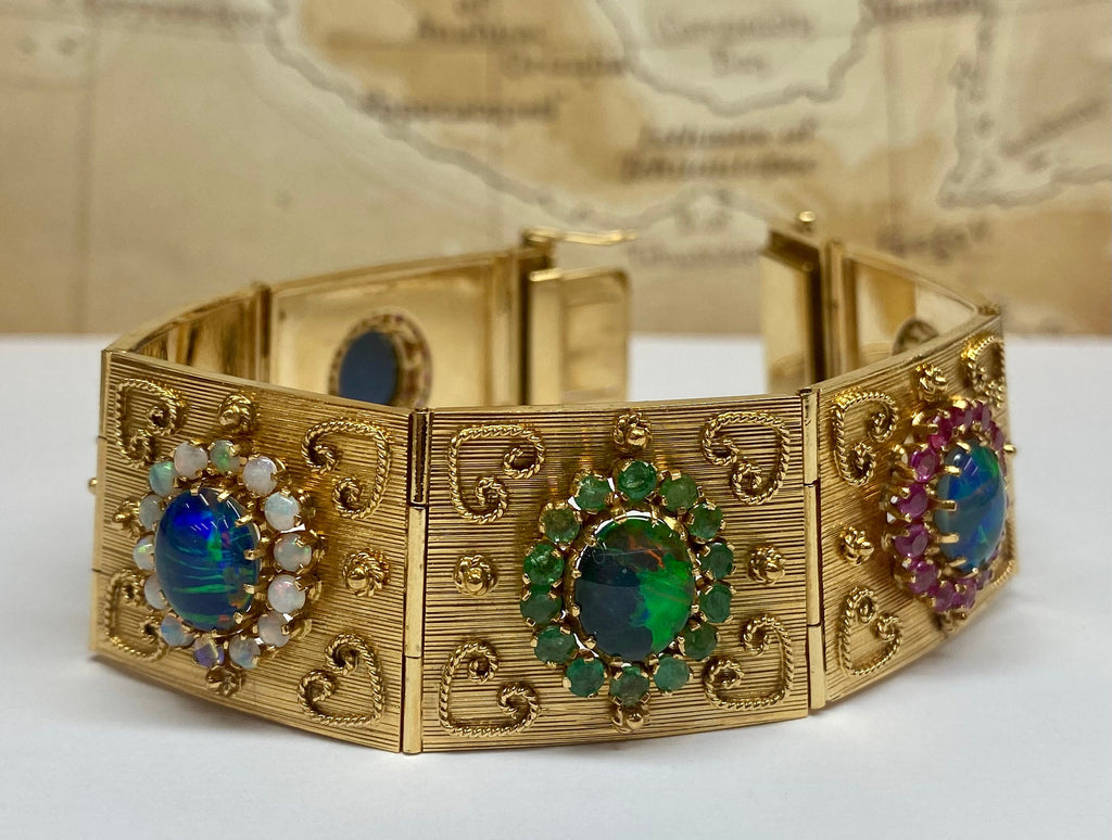 18K Gold Opal Ruby Emerald Sapphire Panel Bracelet - 1970s Estate Jewelry