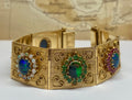 18K Gold Opal Ruby Emerald Sapphire Panel Bracelet - 1970s Estate Jewelry
