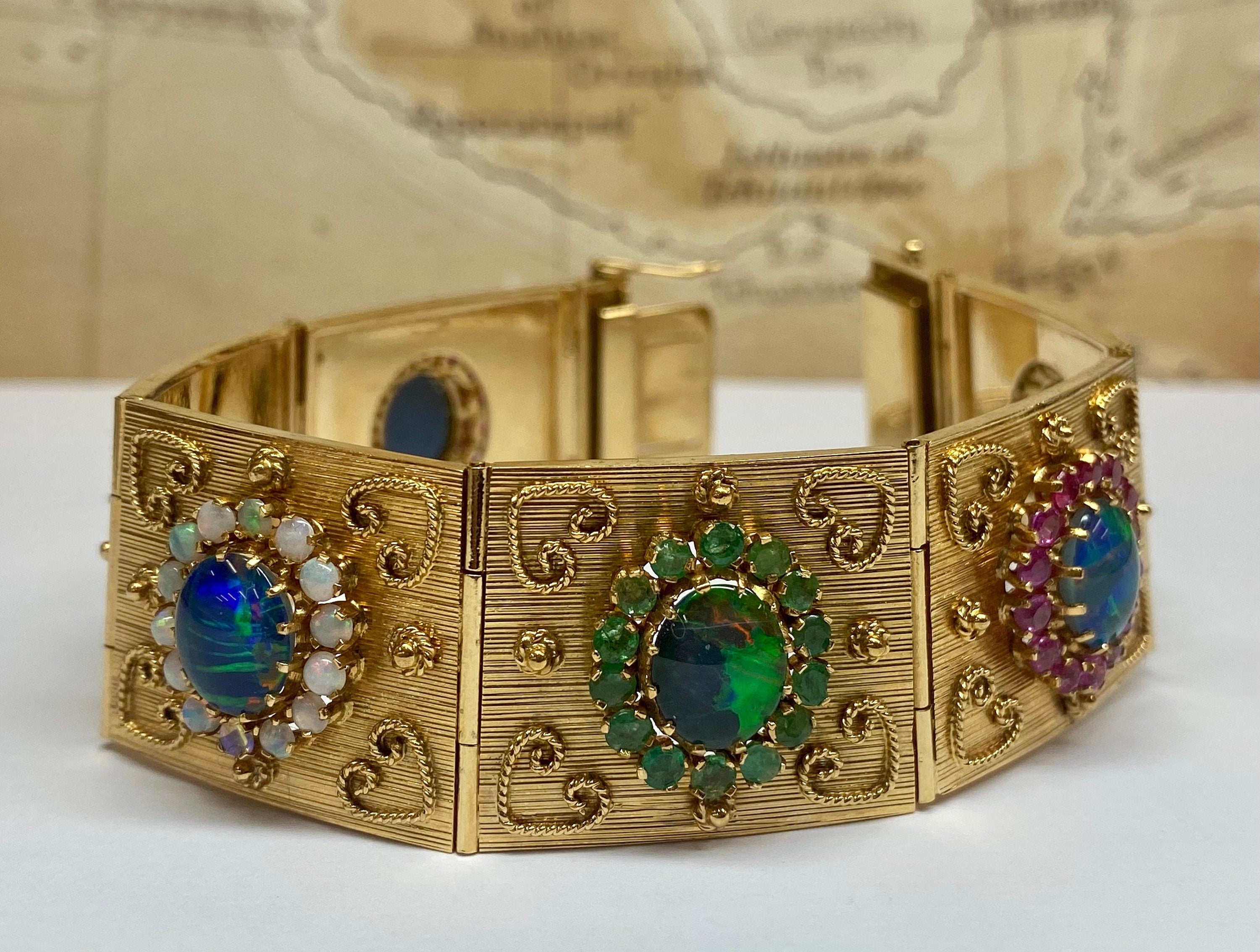 18K Gold Opal Ruby Emerald Sapphire Panel Bracelet - 1970s Estate Jewelry