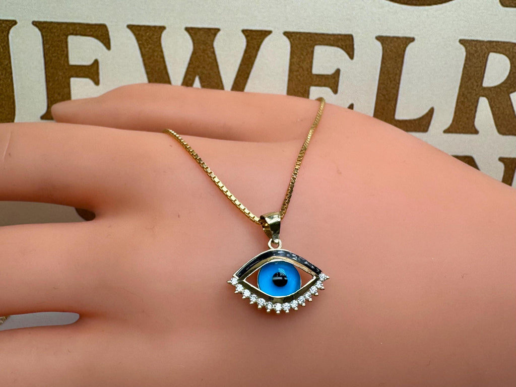14K yellow Gold Evil Eye Pendant/Charm With Small Round White Cz!!