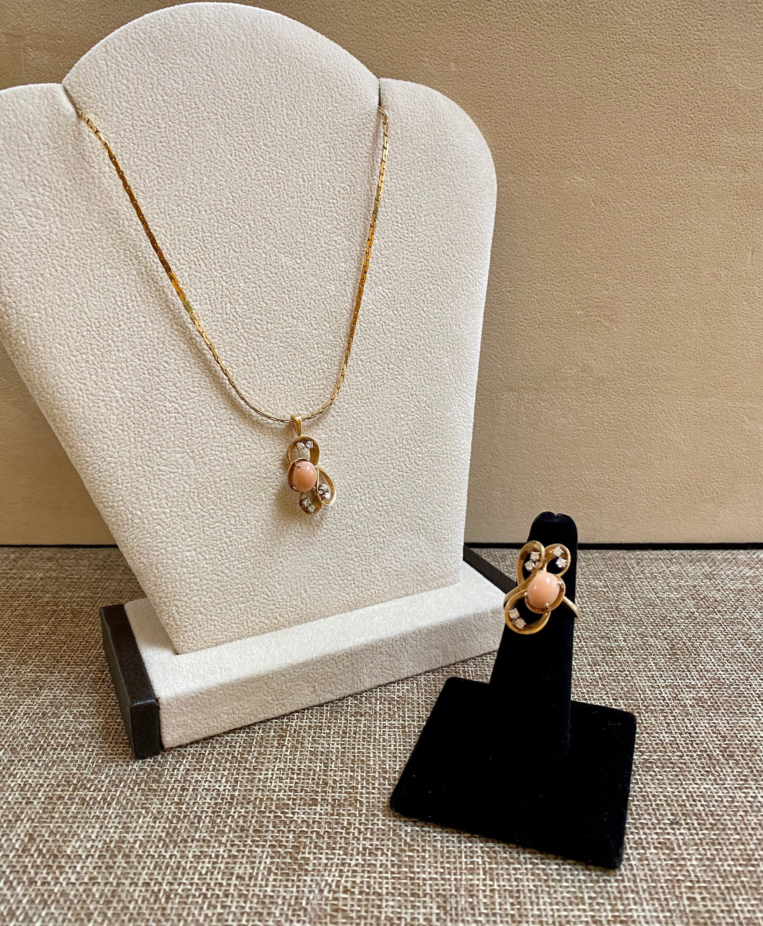 14K Yellow Gold Coral Diamond Necklace Ring Set - Italy 585