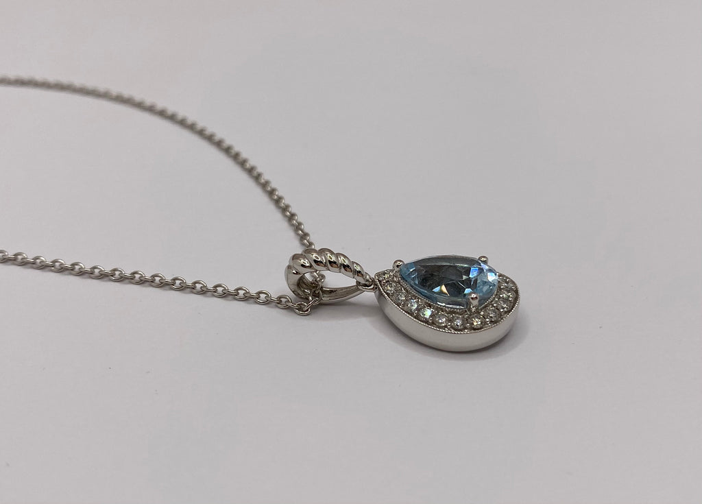 14K White Gold Necklace: Diamond & Pear Blue Topaz Pendant