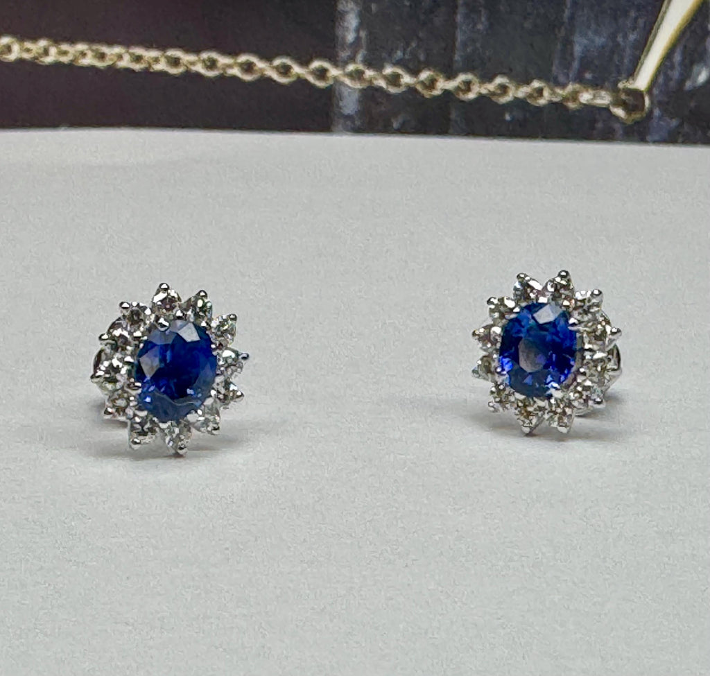 18K White Gold Sapphire & Diamond Stud Earrings: Royal Blue Elegance