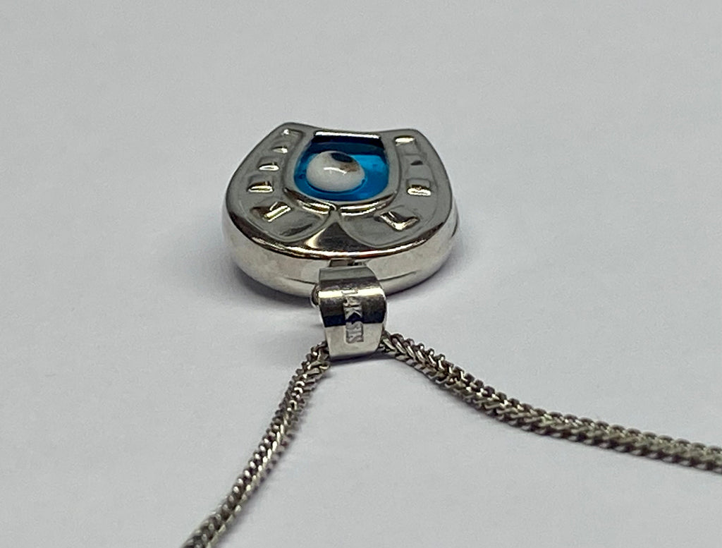 14K White Gold Horseshoe Evil Eye Pendant Charm (20mm X 12mm)