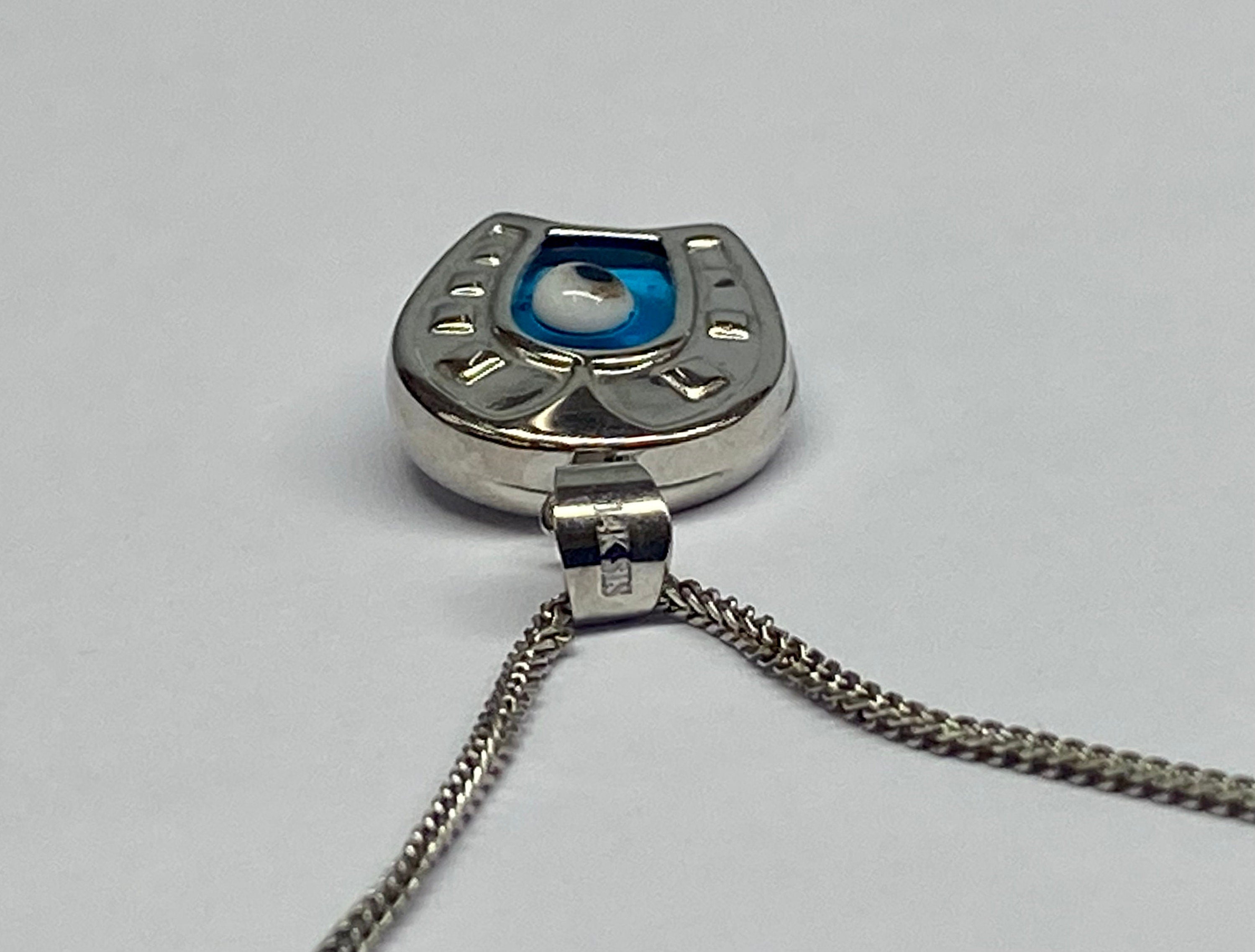 14K White Gold Horseshoe Evil Eye Pendant Charm (20mm X 12mm)